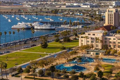 a view of a waterfront park and san diego bay